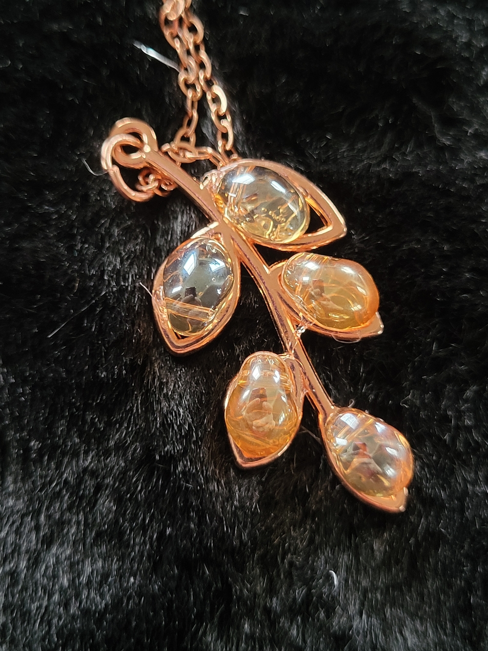 Rose Gold Leaf Pendant Necklace with Amber Glass Beads